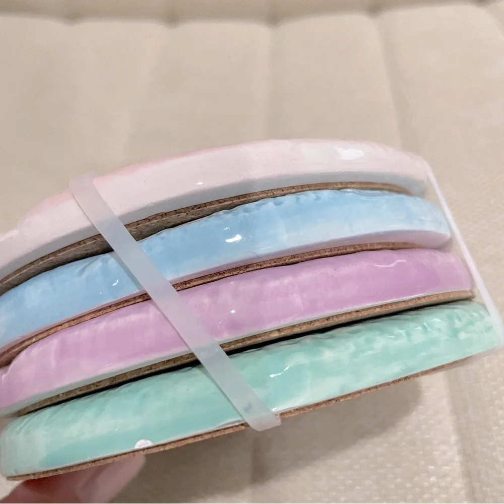 NEW Pastel Macaron Ceramic Coaster Set of 4 Pink Blue Purple Green Cork Backing‎